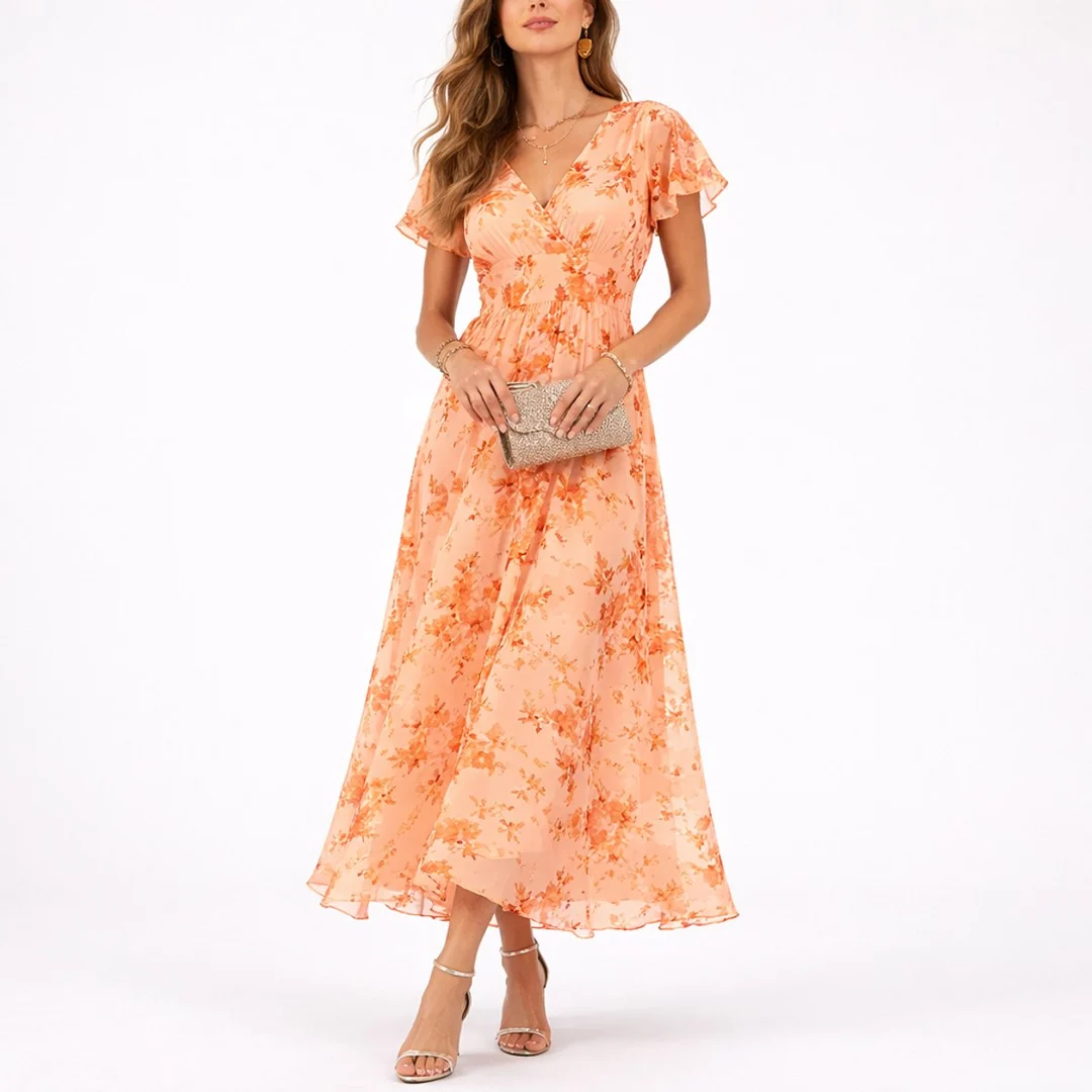 Midi-Kleid in Aprikose mit floralem Muster